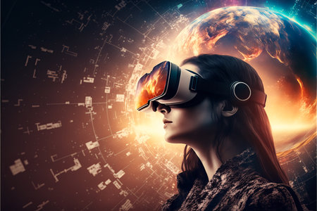 Female wearing virtual reality glasses in virtual world. generative aiの素材