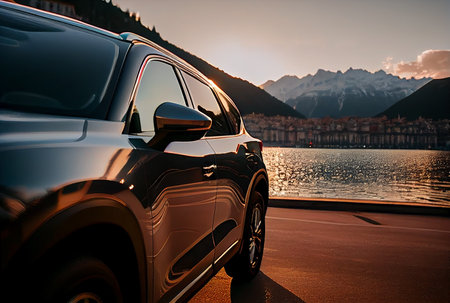 Electric suv cars parked in the coastal road with the sea in the background. generative aiの素材