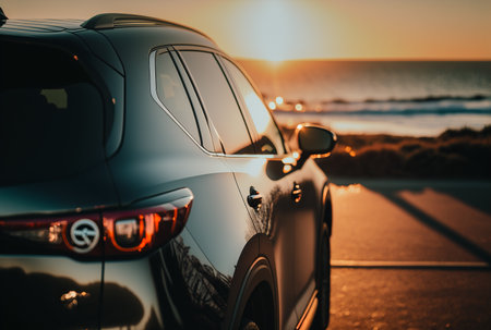 Electric suv cars parked in the coastal road with the sea in the background. generative aiの素材