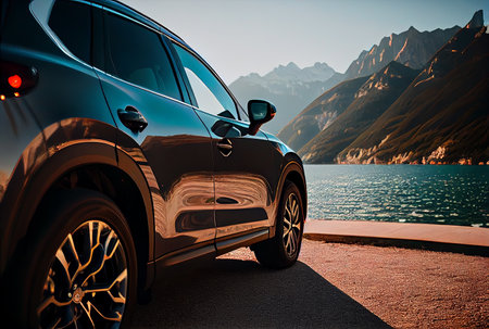 Electric suv cars parked in the coastal road with the sea in the background. generative aiの素材