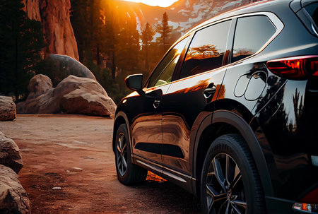 Electric suv cars parked in the view point with mountains in the background. generative aiの素材