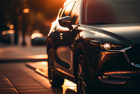 Electric suv cars parked in the road with sunset. generative aiの素材
