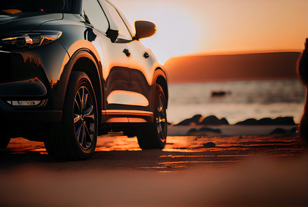 Electric suv cars parked in the coastal road with the sea in the background. generative aiの素材