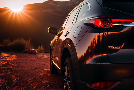 Electric suv cars parked in the view point with mountains in the background. generative aiの素材