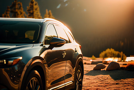 Electric suv cars parked in the view point with mountains in the background. generative aiの素材
