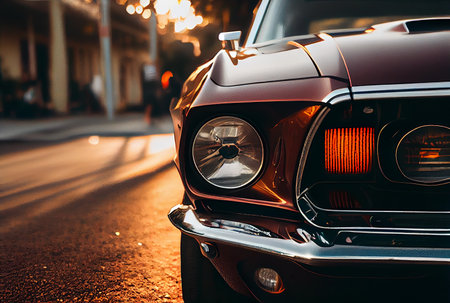 Vintage cars parked in the country road with sunset. generative aiの素材