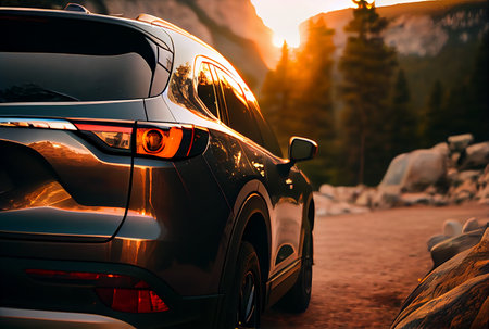 Electric suv cars parked in the view point with mountains in the background. generative aiの素材