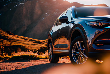 Electric suv cars parked in the view point with mountains in the background. generative aiの素材