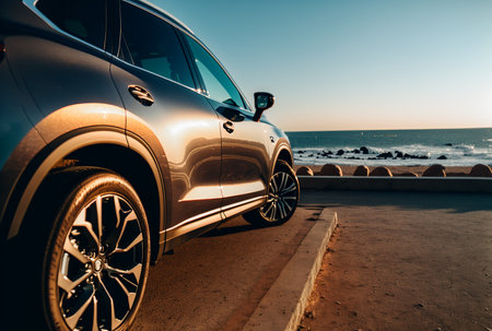 Electric suv cars parked in the coastal road with the sea in the background. generative aiの素材
