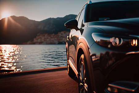 Electric suv cars parked in the coastal road with the sea in the background. generative aiの素材