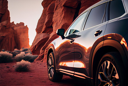 Electric suv cars parked in the view point with mountains in the background. generative aiの素材