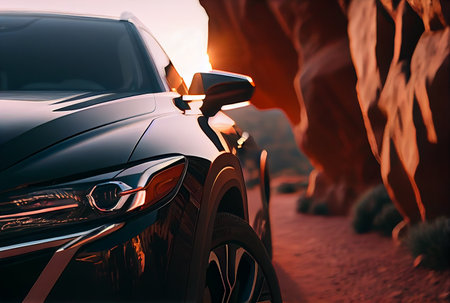 Electric suv cars parked in the view point with mountains in the background. generative aiの素材