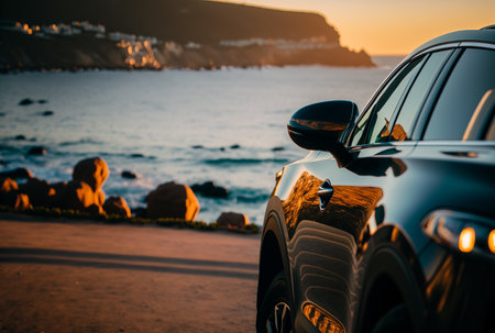 Electric suv cars parked in the coastal road with the sea in the background. generative aiの素材