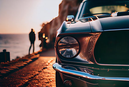 Vintage cars parked in the coastal road with the sea in the background. generative aiの素材