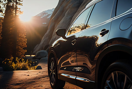 Electric suv cars parked in the view point with mountains in the background. generative aiの素材