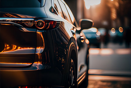 Electric suv cars parked in the road with sunset. generative aiの素材