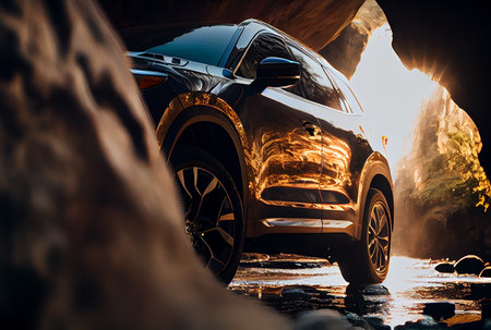 Modern suv cars driving through the puddle and splashing by water. generative aiの素材