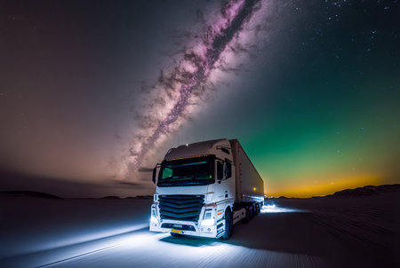 Freight transport truck on the road with beautiful starry sky and aurora borealis, Generative AIの素材