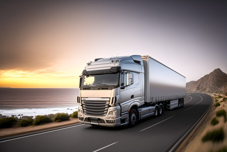 Freight transport truck on the road at sunset, Generative AIの素材