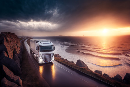 Freight transport truck on the road at sunset, Generative AIの素材