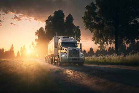 Freight transport truck on the road at sunset, Generative AIの素材
