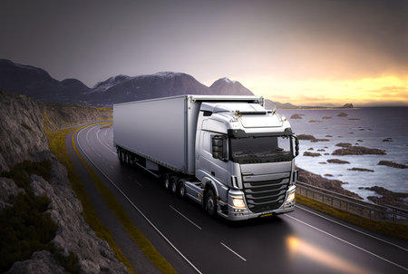 Freight transport truck on the road at sunset, Generative AIの素材