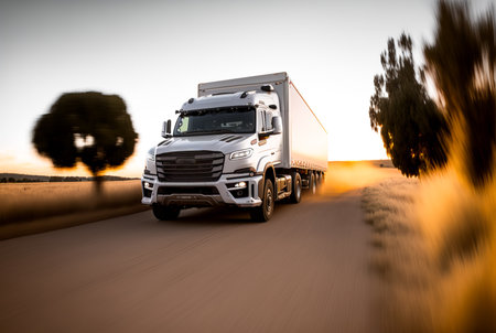 Freight transport truck on the road at sunset, Generative AIの素材