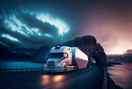 Freight transport truck on the road at sunset, Generative AIの素材