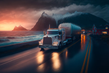 Freight transport truck on the road at sunset, Generative AIの素材