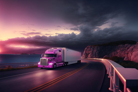 Freight transport truck on the road at sunset, Generative AIの素材