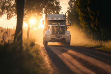 Freight transport truck on the road at sunset, Generative AIの素材