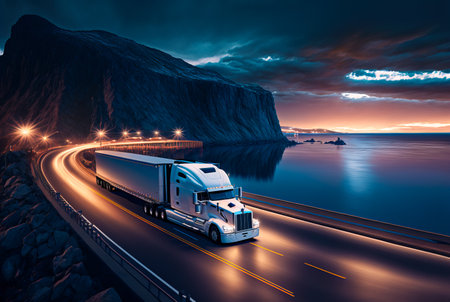 Freight transport truck on the road at sunset, Generative AIの素材