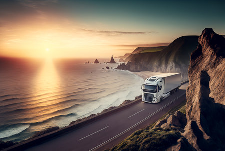 Freight transport truck on the road at sunset, Generative AIの素材