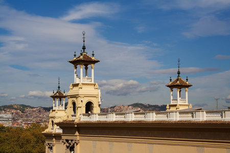 A monument in montjuic, Barcelona, facing parc guel on the other side of the cityの写真素材