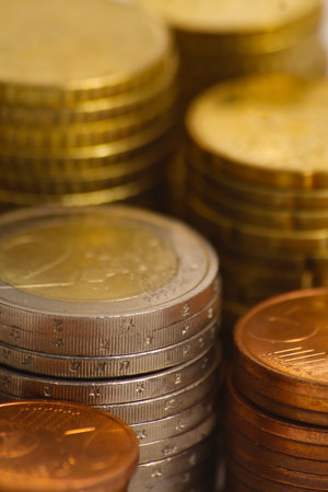 Close up of piles of euro coins