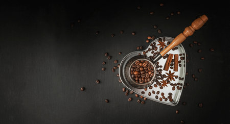 fresh coffee. Turkish coffee. morning coffee. Fresh harvest aromatic coffee. selective focusing. Back for cafe, restaurant or coffee shop. advertising banner. Coffee beans on a dark background.の写真素材