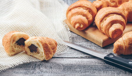 Croissant french. Fresh pastry bread or french breakfast croissants. Homemade croissants, best for coffee. Freshly baked homemade croissants for breakfast. Traditional and whole-grain croissant .の写真素材