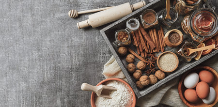 Baking love. Bakery background. Baking ingredients and kitchen utensils on the black background....