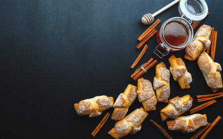 Croissant breakfast. French breakfast croissants, fresh pastry bread with chocolate on dark...