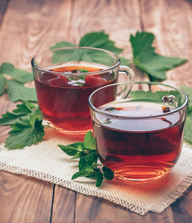 Herbal tea with mint. Antiviral immune herbal tea. Vitamins to strengthen the immune system. Autumn season. Natural protection against colds and flu.の写真素材
