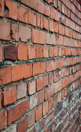 Old red brick wall grunge texture. Old cracked bricks wall with a weathered surface. Brick wall background, copy space for design and text. vintage brick wall. Empty wall. Brown brickwork textureの写真素材