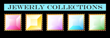 Set of realistic jewels. Colorful gemstones. Jewel sign. Glittering gems set in gold. Isolated.の写真素材