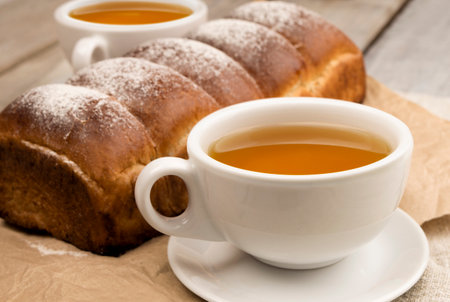 Rustic Charm: A Cozy Corner for Tea and Treats. Autumn apple pie. Fruit pie. Tea party.の写真素材