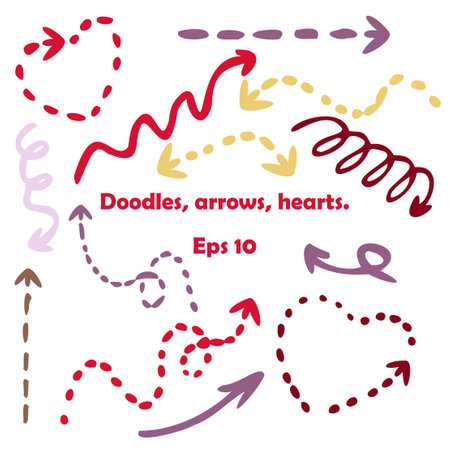 set of vector arrows in hand drawn style. Each arrow features sketchy lines, giving an artistic feel. Perfect for adding a creative element to presentations, websites, or illustrations. Eps 10のイラスト素材
