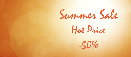 Summer sale banner for store marketing promotion. Design for advertising, banners, posters, leaflets and flyers. Golden glow. Sunlight and bokeh. Hot season. Wide orange sale banner.の写真素材