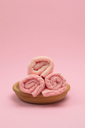 Fluffy pink folded towels arranged on a light background, with clear copyspace for design elements and text.の写真素材