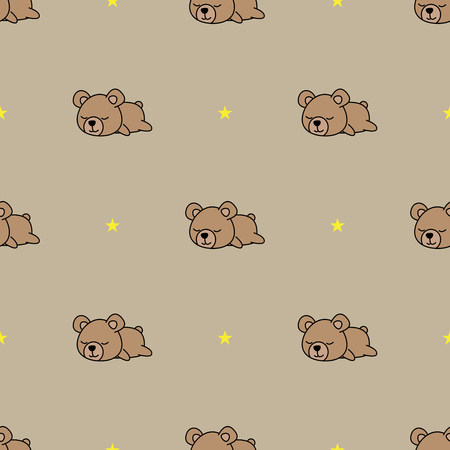Pattern baby bear sleeping with yellow star on brown background, vector illustrationのイラスト素材
