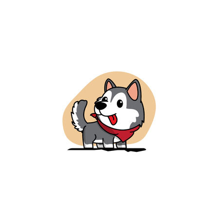 Cartoon cute siberian husky puppy with red scarf icon, logo design, vector illustrationのイラスト素材