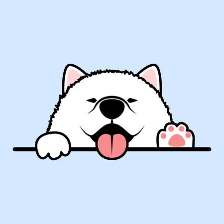 Funny samoyed puppy paws up over wall, vector illustrationのイラスト素材