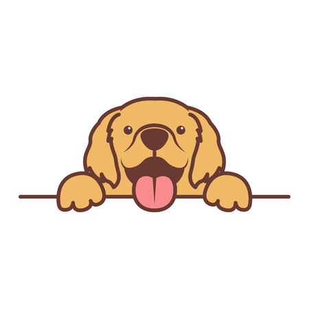 Cute golden retriever puppy paws up over wall, dog face vector illustrationのイラスト素材